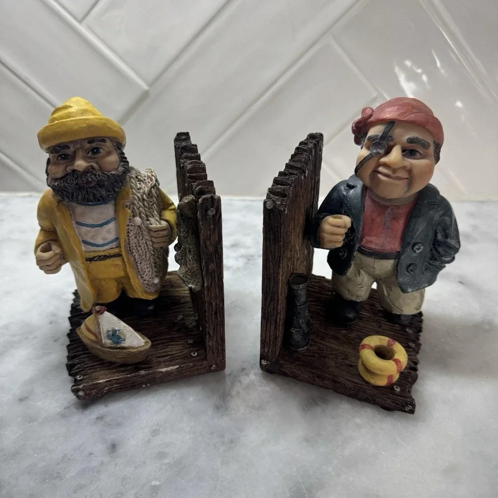 Vintage Fisherman Pirate Resin Bookends Nautical Coastal Sailor Decor Set